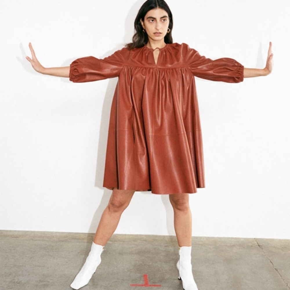 AERON 🏷️NWT Genuine Leather Trapeze Long Sleeve VNeck Luxe Tiered Dress 38 US S